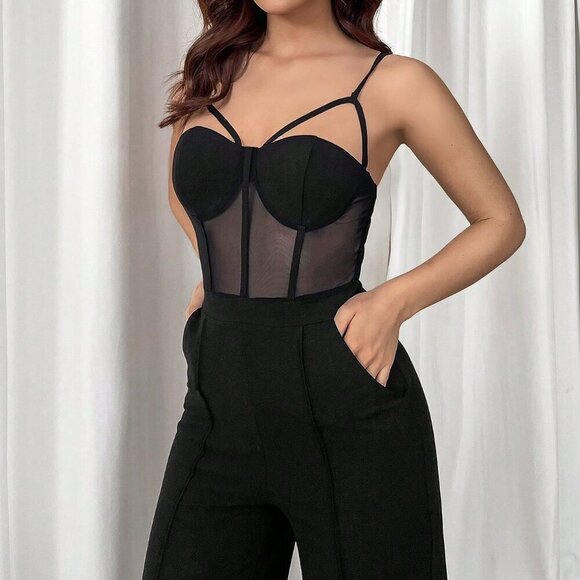 Black Elegant Women's Splicing Mesh Corset Spaghetti Strap Jumpsuit - Picture 5 of 5
